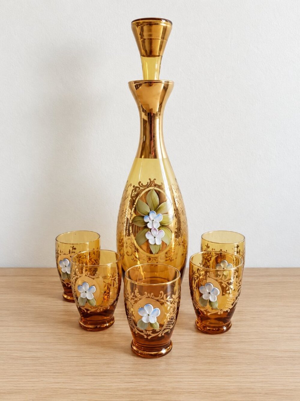Czech Bohemian Decanter 5 Cordial Glasses Amber Gold Hand Painted Floral Vintage